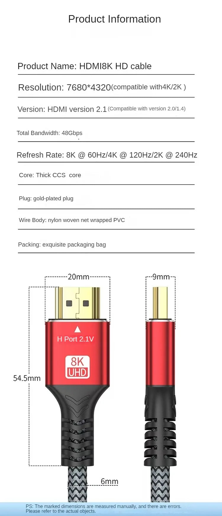 8K HDMI2.1 Cable High Speed HDMI 8K Cable 60HZ 2.1V 4K 144HZ 3D TV Computer Monitor Projector PS Game Console Audio And Video Pi-Mart