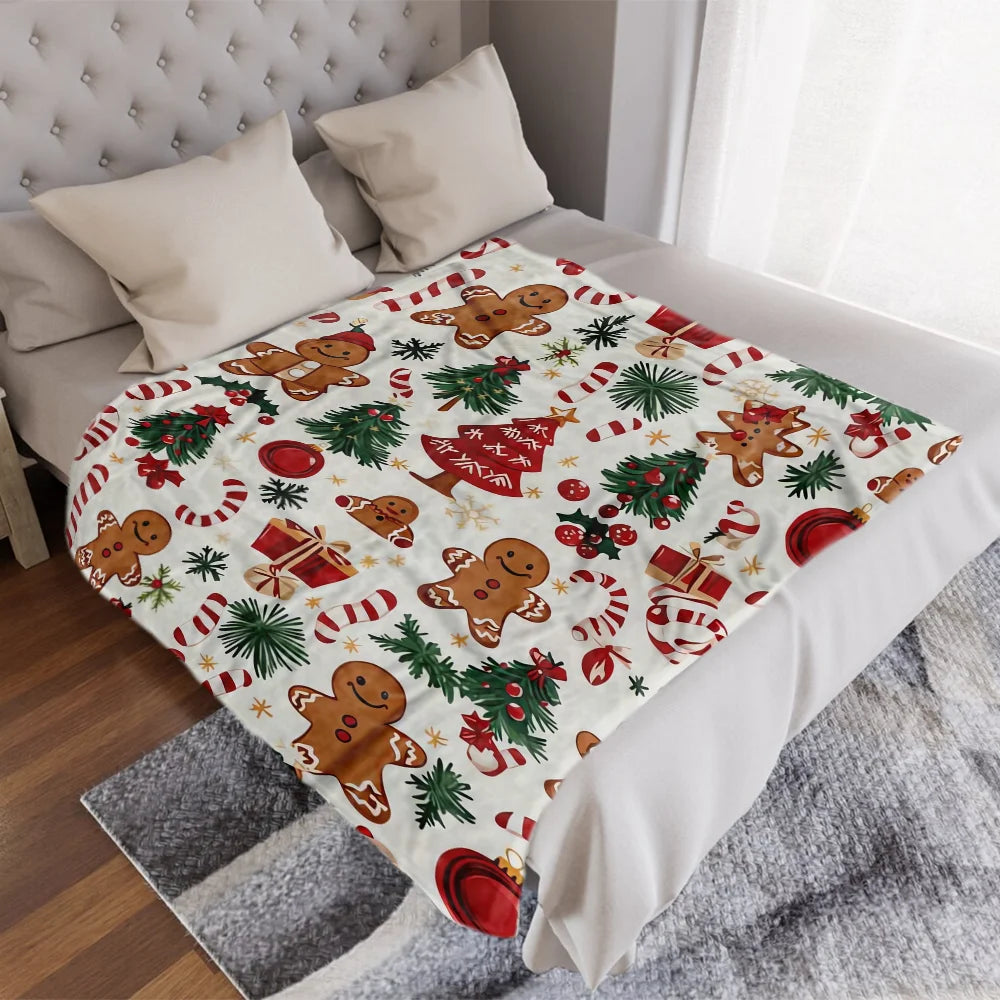 1pc Ultra-Soft Christmas Gingerbread Wonderland Print Flannel Throw Blanket- Festive Holiday Decorative Blanket Pi-Mart