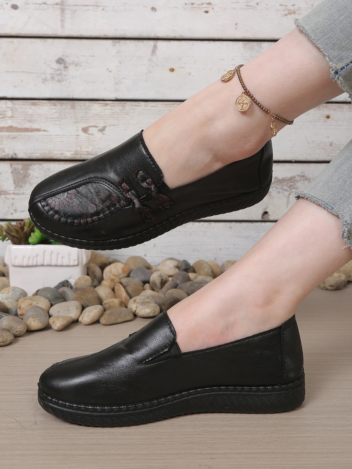 Women's Leather Flat Shoes, Spring and Autumn Women's Loafers, Single Classic Mom Shoes, Anti-Slip Comfortable and Free Shipping Pi-Mart