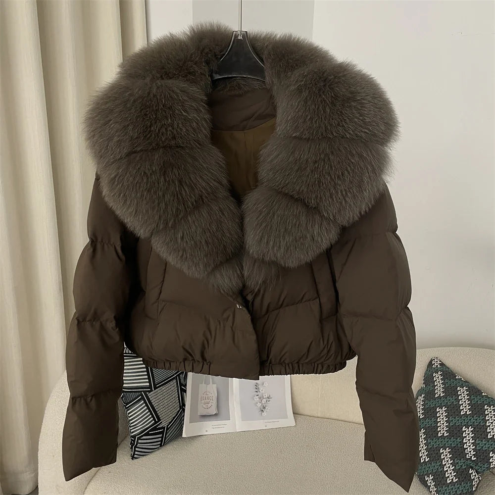 Down Jacket Women Short Puffer Jacket Thick New Big Natural Real Fox Fur Coat  Autumn Winter Female White Duck Down Coat Feather LadyShow.Store