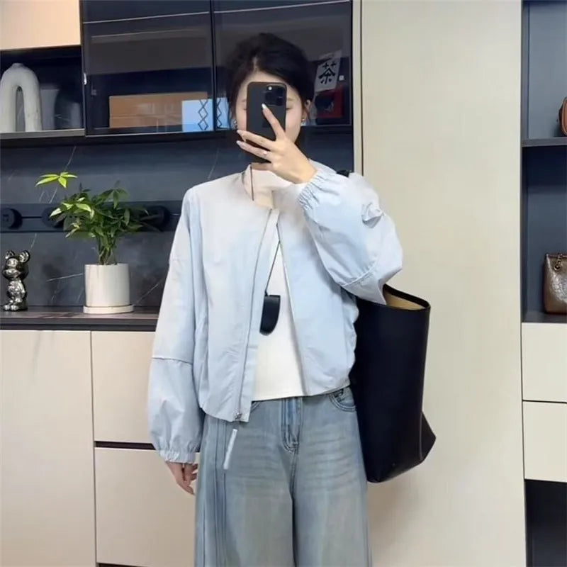 Korean Version Simple Women's Round Neck Solid Color Short Coat 2026 Spring New Female Casual Loose Jacket Joker Little Overwear Pi-Mart