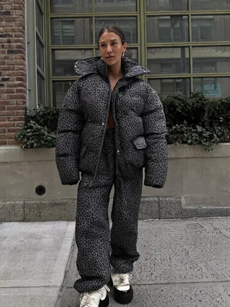 Chic Leopard Hooded Puffer Coat Set Women Quilted Full Sleeve Zip Jacket Wide Leg Pants 2026 New Lady Winter Thicken Warm Outfit Pi-Mart