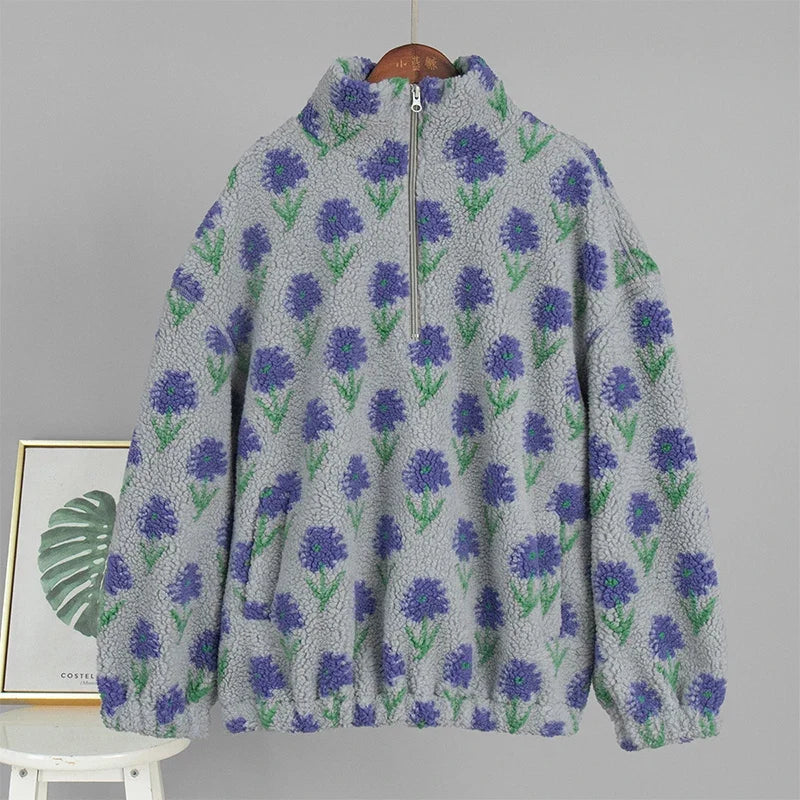 TARUXY Fleece Printing Sweatshirt Women's Half-Zip Sweatshirt Fleece Loose Turtleneck pullover Female Winter Leisure Sweatshirt LadyShow.Store