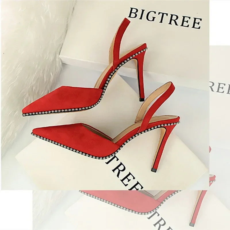 Branded Rivet Studded Beaded Design Sandals Women Summer Sexy Pointed Toe Thin High Heels Elegant Wedding Slide Pumps for Ladies LadyShow.Store