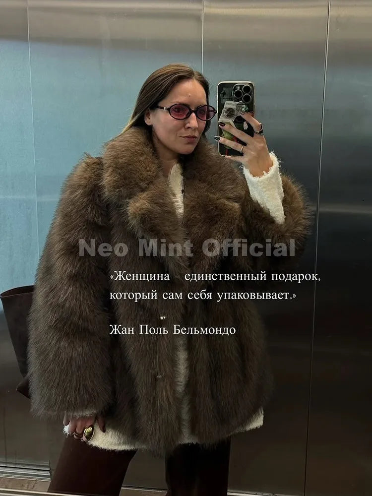 Neo Mint Ins Hot Fashion Girls Oversized Gradient Fur Coat Women 2024 Winter Thick Warm Outerwear Fluffy Faux Fox Fur Jacket LadyShow.Store
