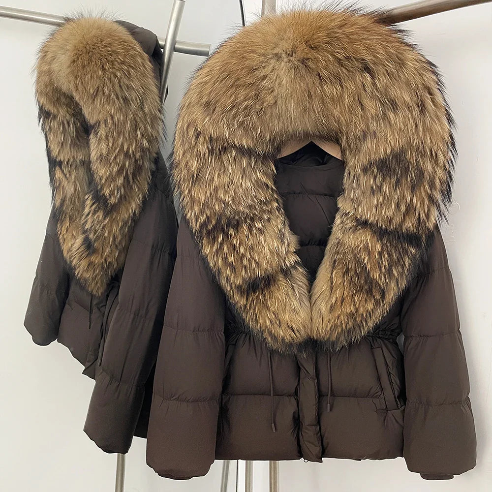 Reality Fur Jacket Real Fur Collar Duck Down Coat Female Winter Hooded Warm Fox Fur Coat Women Natural Raccoon Fur Puffer Jacket LadyShow.Store