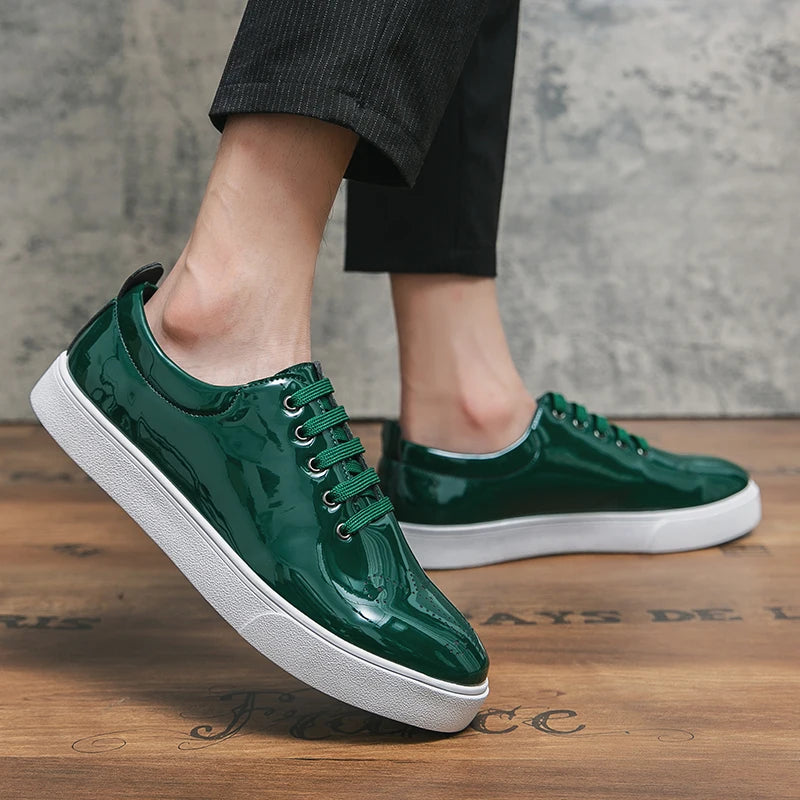 Spring Autumn Leather Shoes High Quality Patent Leather Casual Shoes Lace Up Sneakers Green Fashion Sole Designer Leather Shoes Pi-Mart