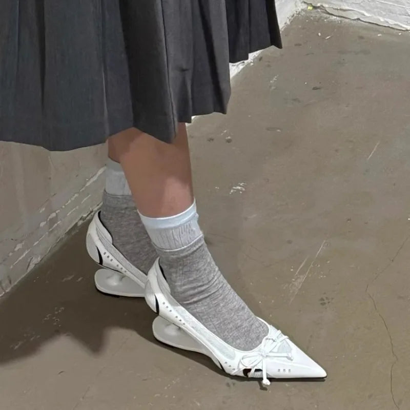 Special Heel Spliced Heels Pointed Toe Heels Women's Fashion Shallow Mouth Bow Non-Slip Mary Jane Single Shoes Large 42 LadyShow.Store