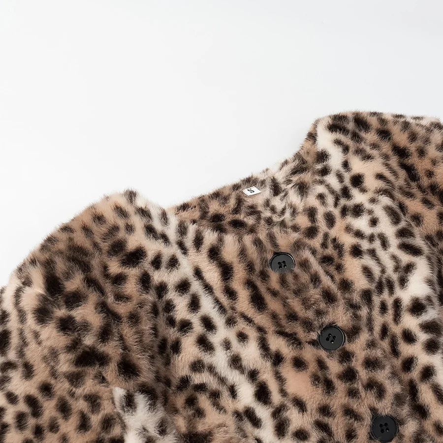 Retro Leopard Faux Fur Short Coat Lady Chic O-neck Single Button Placket Spotted Dot Cropped Long Sleeve Outerwear Street Jacket Pi-Mart