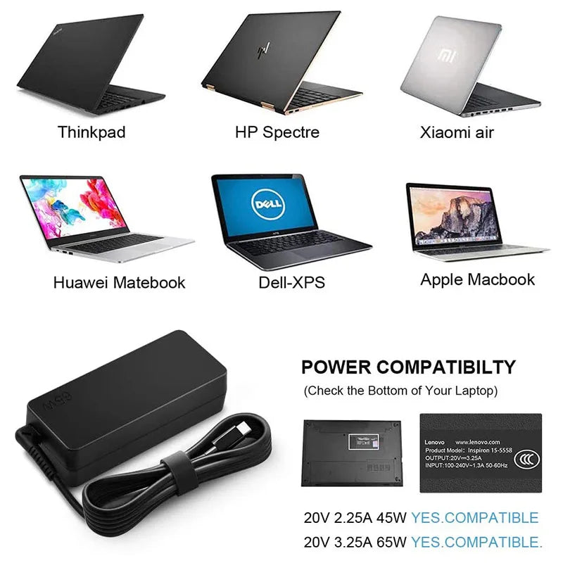 NEW 20v3.25a 65w Type-c Power Adapter Laptop Charger for Lenovo Thinkpad X1 Carbon X270 X280 T580 P51s P52s E480 E470 S2 Pi-Mart