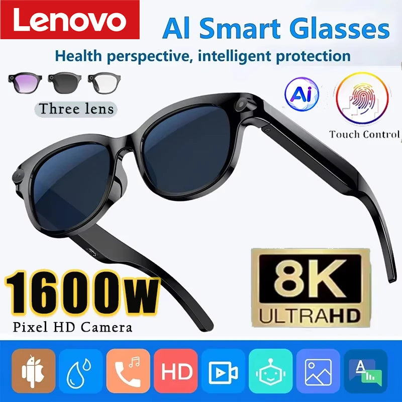 Lenovo 2026 New 8K AI Translation AI Smart Glasses Bluetooth Calling Music Player Camera Control Anti Blue Light Sunglasses Pi-Mart