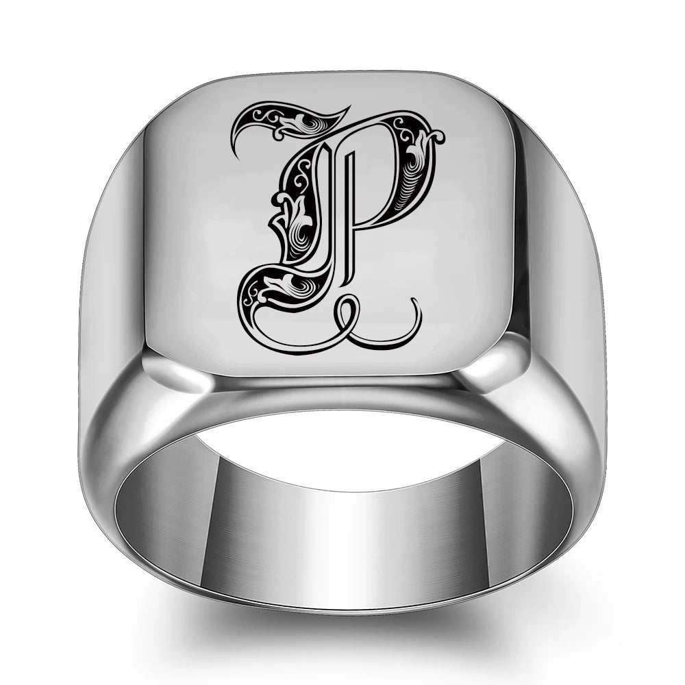 Fashion 26 English Initial Titanium Steel male Ring for Men Retro Punk Party Jewelry Pi-Mart