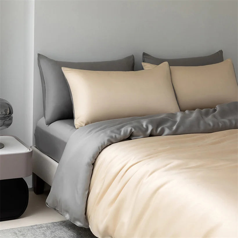 100% Mulberry Silk Bedding Set High End Silk Bed Sheets Set Luxury Smooth Duvet Cover Set Single Double Queen King Size Bedsheet LadyShow.Store