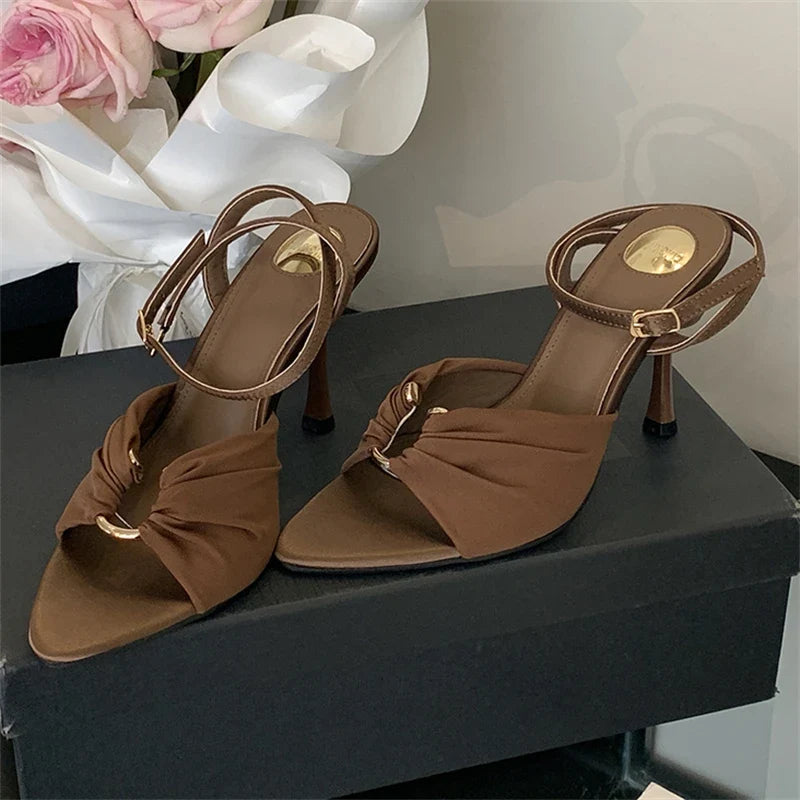 Eilyken Summer Fashion Thin Heels Pleated Hollow Out Buckle Strap Women Sandals Pointed Toe Banquet Party Female Shoes  6CM 9CM LadyShow.Store