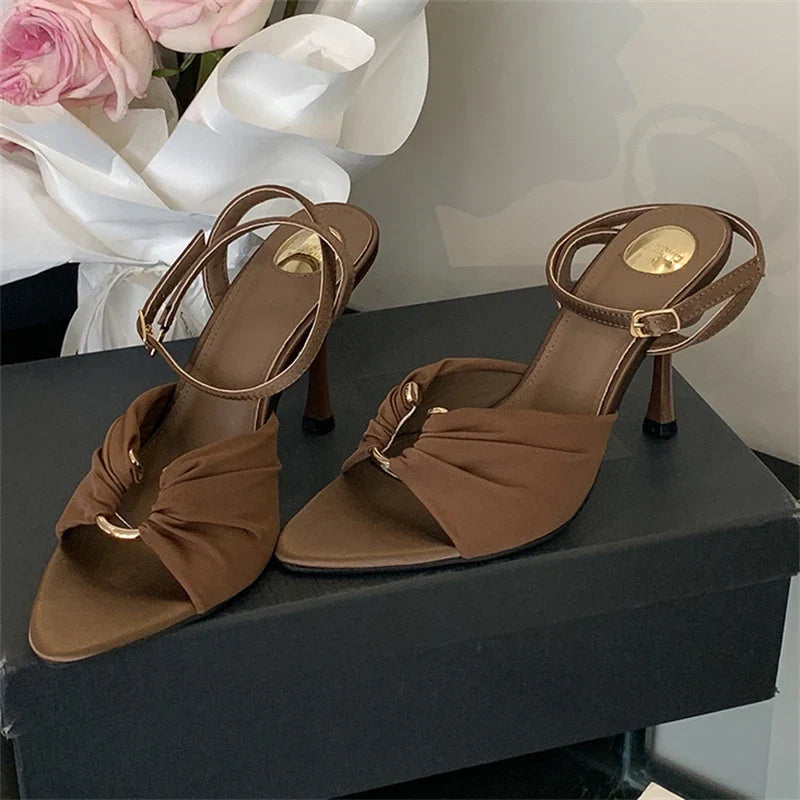 Eilyken Summer Fashion Thin Heels Pleated Hollow Out Buckle Strap Women Sandals Pointed Toe Banquet Party Female Shoes  6CM 9CM LadyShow.Store