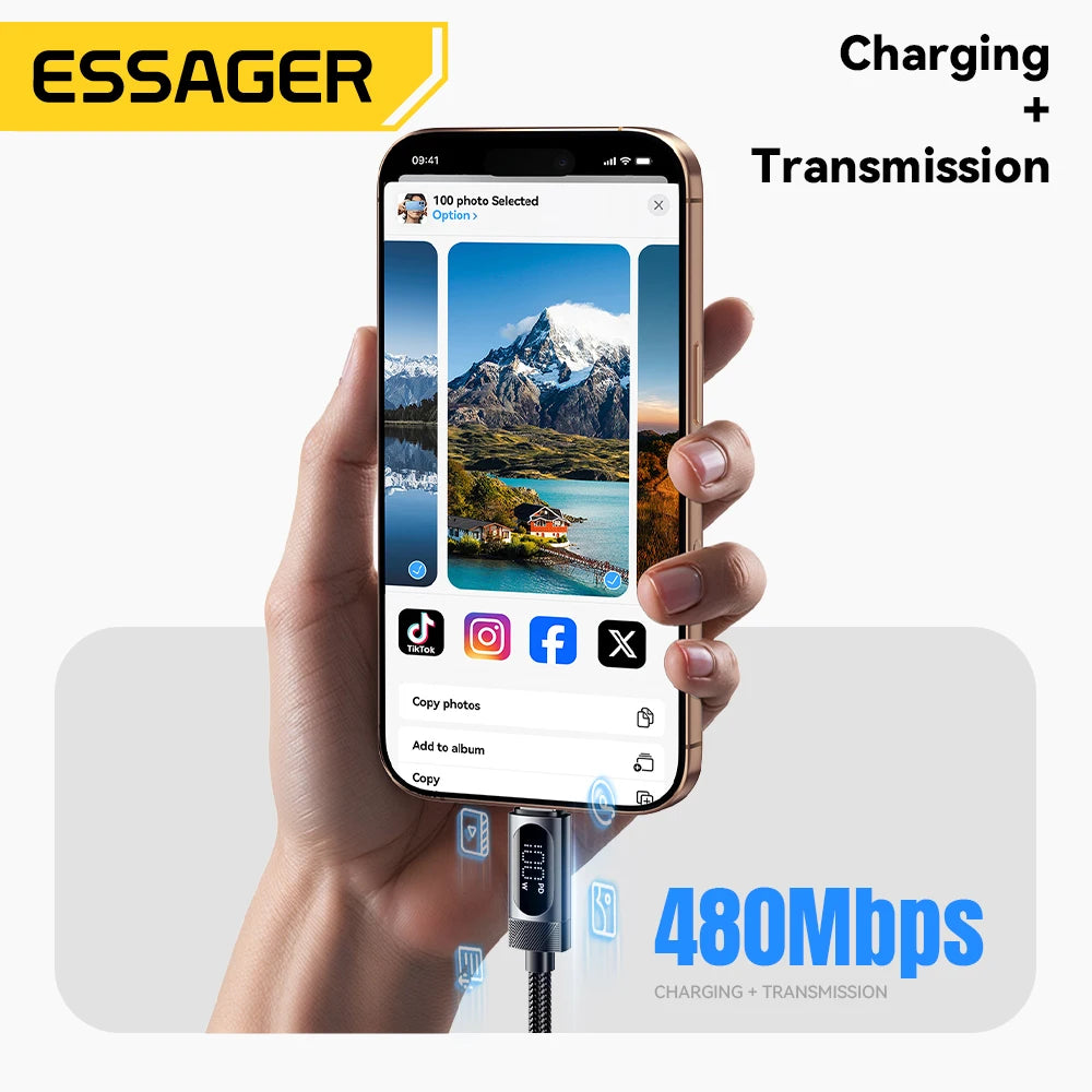 Essager Digital Dispaly USB C Cable For iPhone 17 16 15 Xiaomi Huawei 100W PD Fast Charging For Macbook iPad Type C to C Cable Pi-Mart