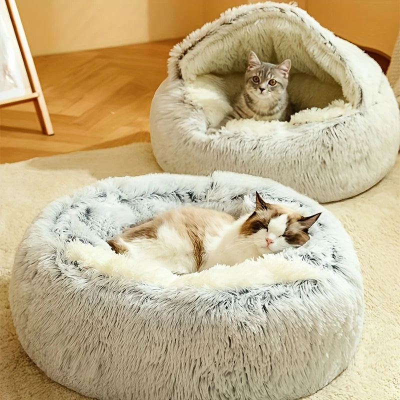 Plush Hooded Cat Cave Bed Round Semi‑Enclosed Shell Pet Nest Washable Anti‑Slip Warm All Season Sleeping Bed For Cats Small Dogs Pi-Mart