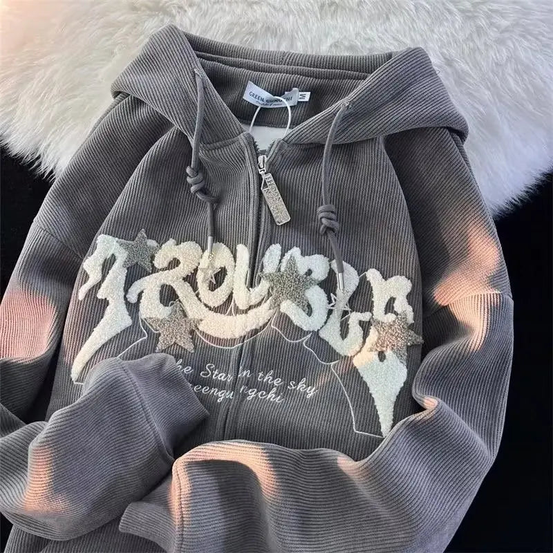 Fashion Embroidery Zip Up Hoodies Women Autumn Long Sleeve Tops Loose Hood Shirt Harajuku Y2K Clothes Female Sweatshirt Jacket LadyShow.Store