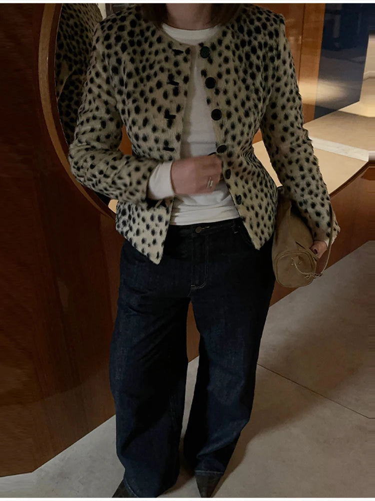 Retro Leopard Faux Fur Short Coat Lady Chic O-neck Single Button Placket Spotted Dot Cropped Long Sleeve Outerwear Street Jacket Pi-Mart