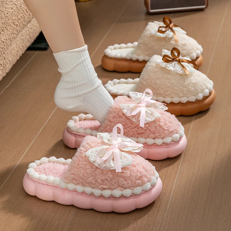 Winter Warm Fur Slippers For Women Thick-Soled Household Slippers Cute Bow Non Slip Soft Home Shoes Indoor Plush Women's Slipper LadyShow.Store