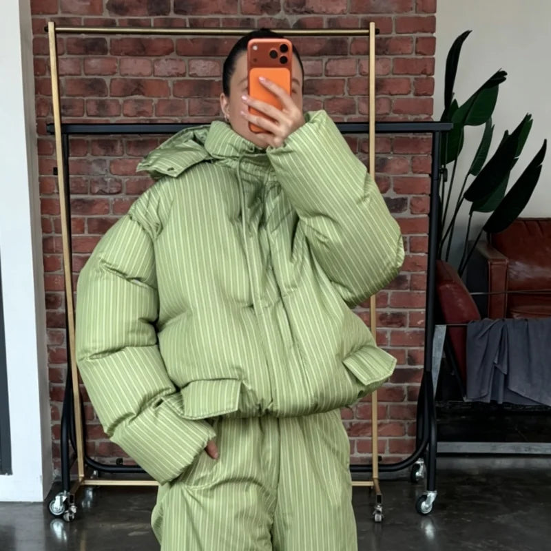 Women's Striped Puffer Jacket Two Piece Set Detachable Hood Cropped Puffer Coat Wide Leg Pants Outfit 2026 Winter Casual Coats LadyShow.Store