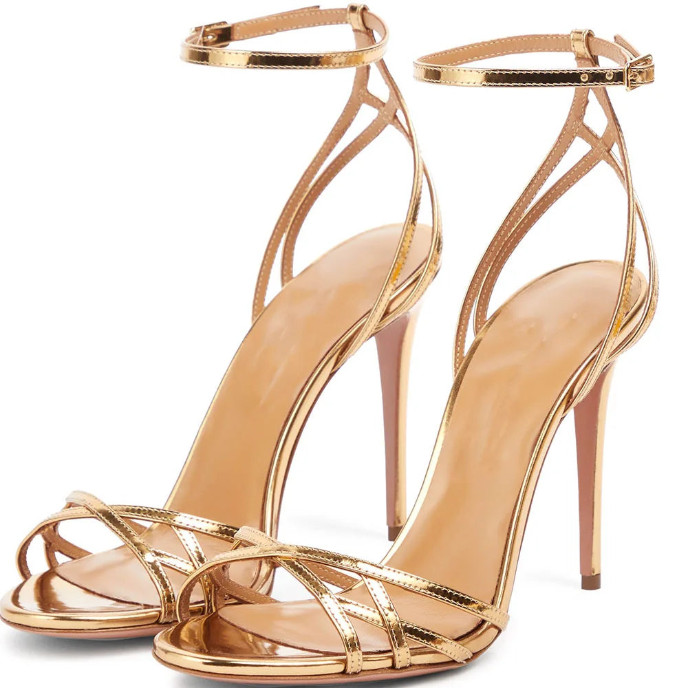 New 2026 Summer Women's Patent Leather Sandals Round Toe Open-toe Stiletto Sexy Ladies Sandals Thin High-heeled Banquet Dress Pi-Mart