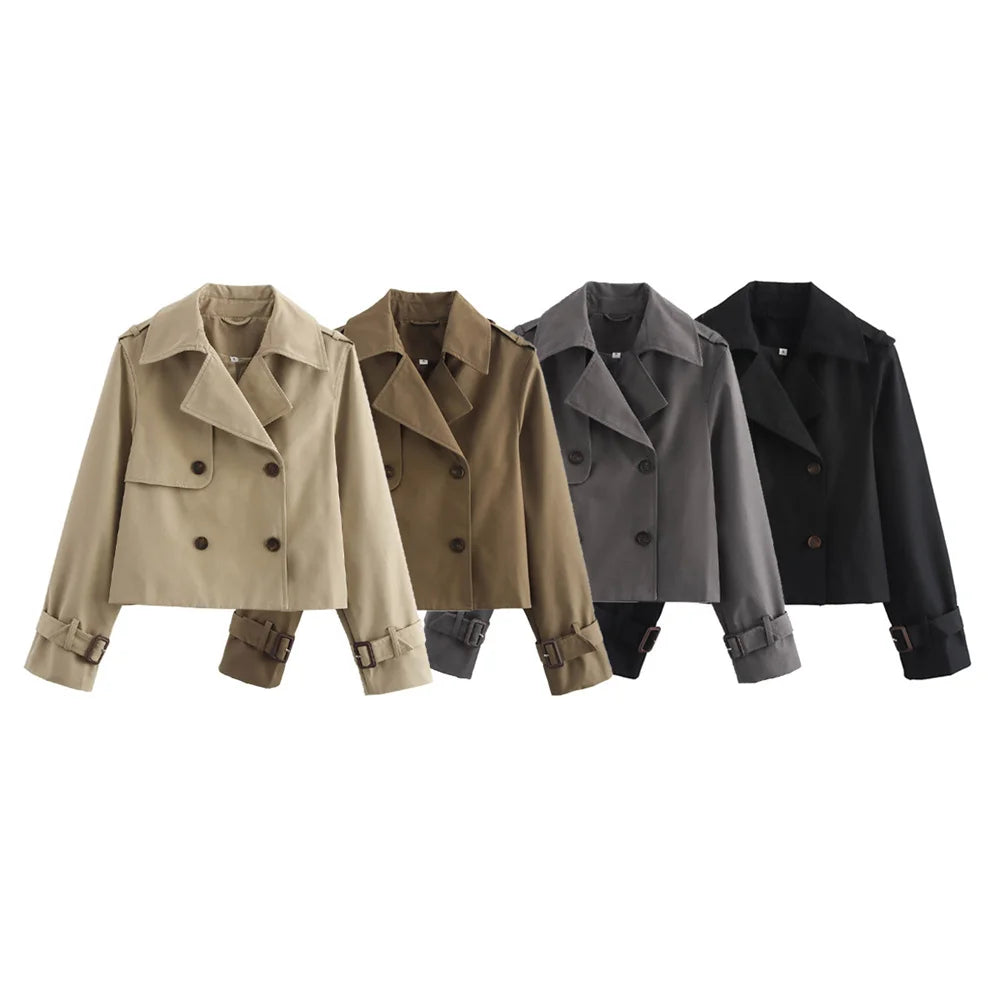 Ladies Vintage Cropped Trench Spring Autumn Jacket Women Streetwear Double Breasted Long Sleeve Top Female Chic Coat Outfits Pi-Mart