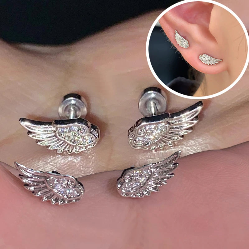 Fashion Zircon Wing Stud Earrings for Women Luxury Shiny Crystal Creative Angel Wings Cross Silver Color Ear Studs Jewelry Gifts Pi-Mart