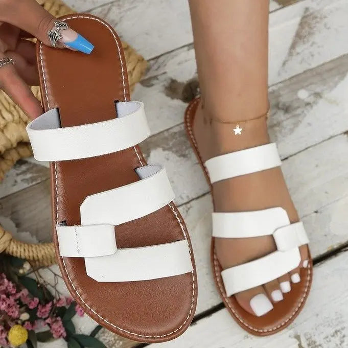 Women's Solid Color Slides, Lightweight Flat Slip On Walking Slides, Comfort Beach Slides Pi-Mart