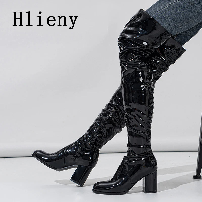 Hlieny 2026 Winter New Thigh High Boots Fashion Patent Leather Round Toe Zip Female Square Heels Pleated Design Women's Shoes Pi-Mart