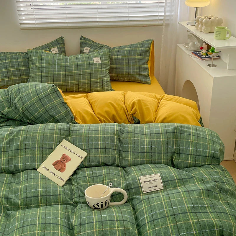 Plaid Style Bedding Set Skin-friendly Quilt Cover Pillowcase Bedsheet Home Bed Linen Sets Single/Full/Queen/King Size Bedclothes LadyShow.Store