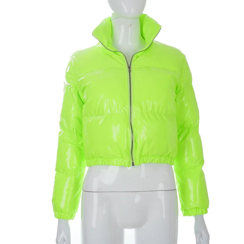 Fashion Cute Women Bright PU Pink Puffer Jacket Winter Warm Bubble Coats Shiny Leather Parkas Down Zipper Cropped Jackets Parkas LadyShow.Store