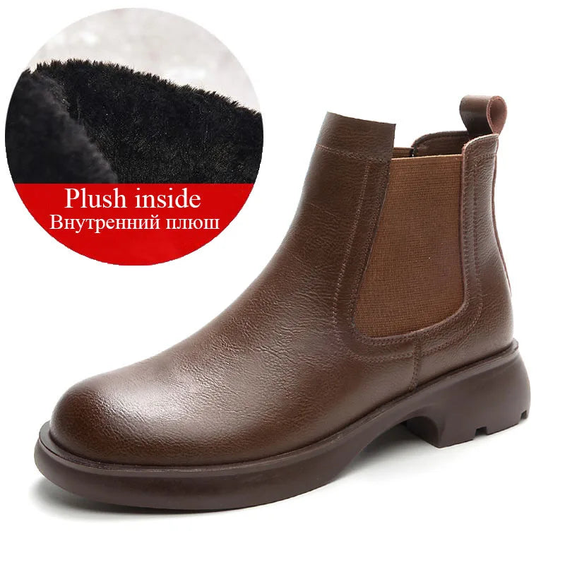 DRKANOL Fashion Women Thick Heel Ankle Boots Autumn Winter Warm Shoes Round Toe Real Cowhide British Style Slip On Chimney Boots Pi-Mart