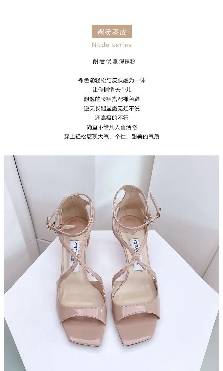 Luxury Sequined Women Gladiator Sandals Summer Designer Shoes for Women 2026 Square Head Hollow High Heels Fashion Ladies Shoes Pi-Mart