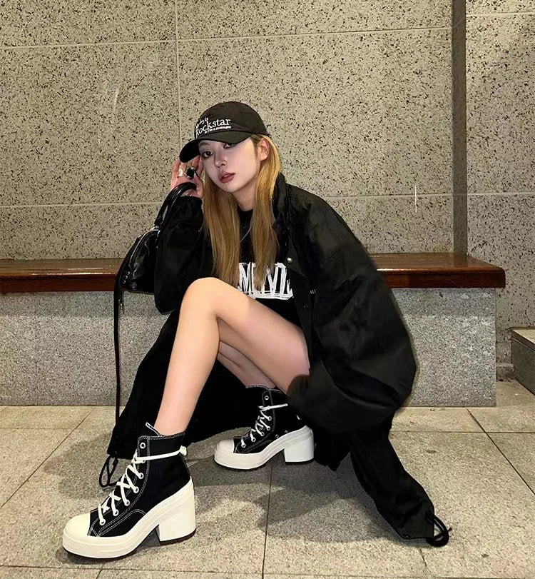 Women Platform Sneakers Canvas Shoes Personalized Luxry Heels Skateboard Lace Up Casual Fashion Outdoor Sneakers Pi-Mart