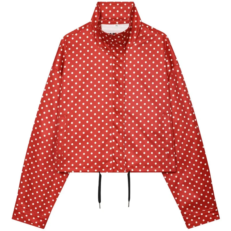HXAO Polka Dot Bomber Jacket Women's Jackets Demi-Season Oversized Long Sleeve Top Outerwear Aviator Plus Size Zip Up Crop Coats LadyShow.Store