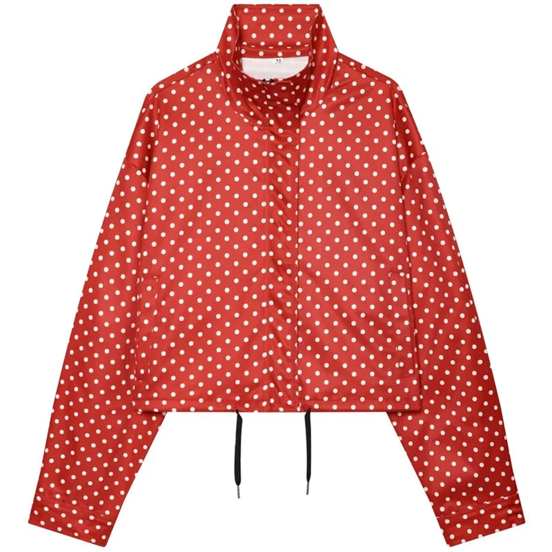HXAO Polka Dot Bomber Jacket Women's Jackets Demi-Season Oversized Long Sleeve Top Outerwear Aviator Plus Size Zip Up Crop Coats LadyShow.Store