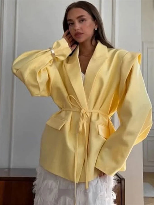 Tossy Elegant Commute Suit jacket Female Lace-Up Loose Pocket Patchwork Lapel Party Looks Outwear For Women Bandage Coat jacket LadyShow.Store