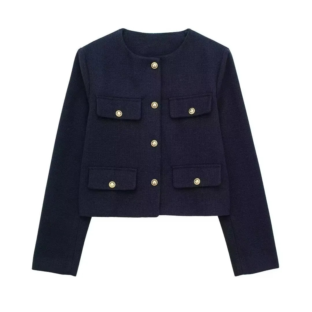 HH Women Vintage Solid Coat Button Long Sleeve O Neck Jacket With Pocket 2024 Spring Elegant Female Casual Outerwear Jakcet LadyShow.Store