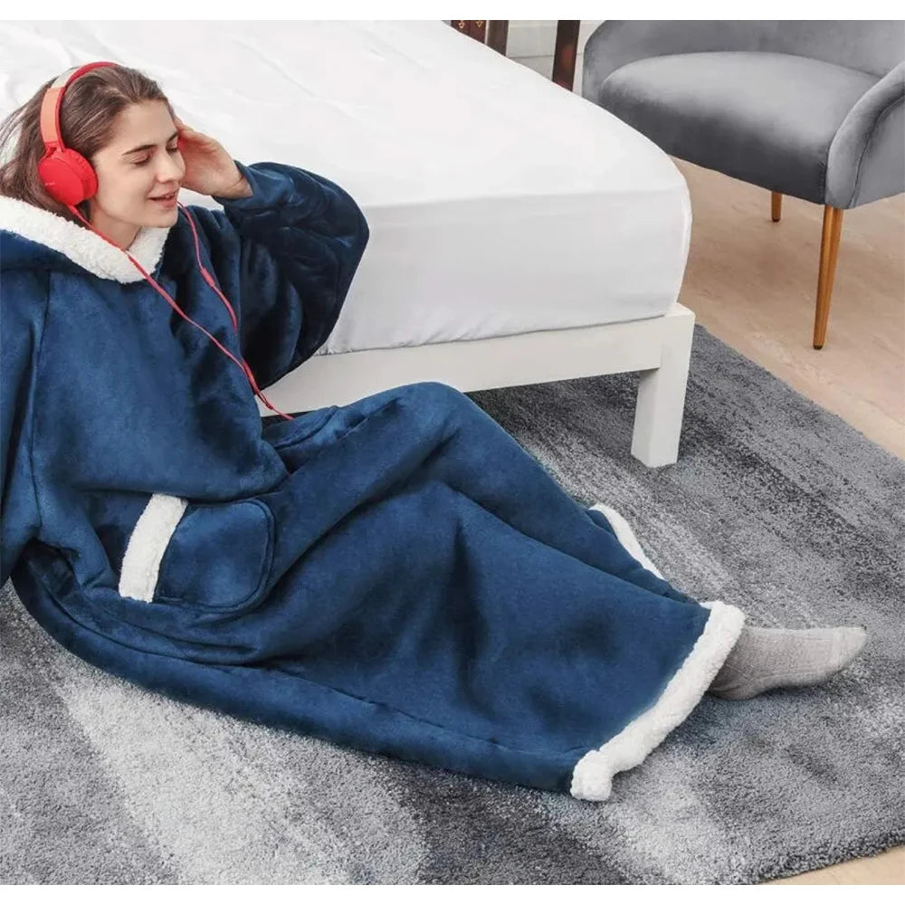 180cm Super Long Flannel Blanket Pyjamas with Sleeves Winter Hoodies Sweatshirt Women Men Pullover Fleece Giant Oversized Outdoo Pi-Mart