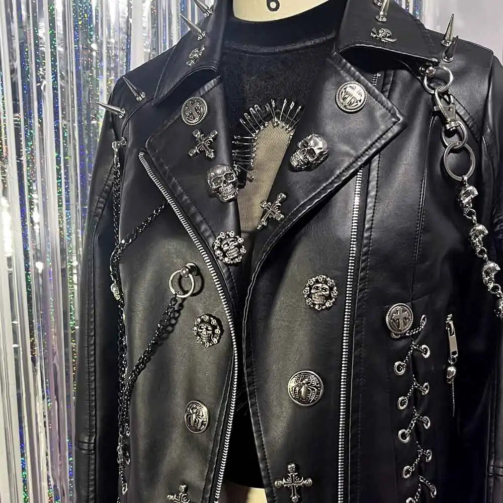 Women's Y2K Goth Black PU Leather Jacket Gothic Boho Emo Clothing with Skull Chain Punk Rock Grunge Rave Festival Coat for Teens Pi-Mart