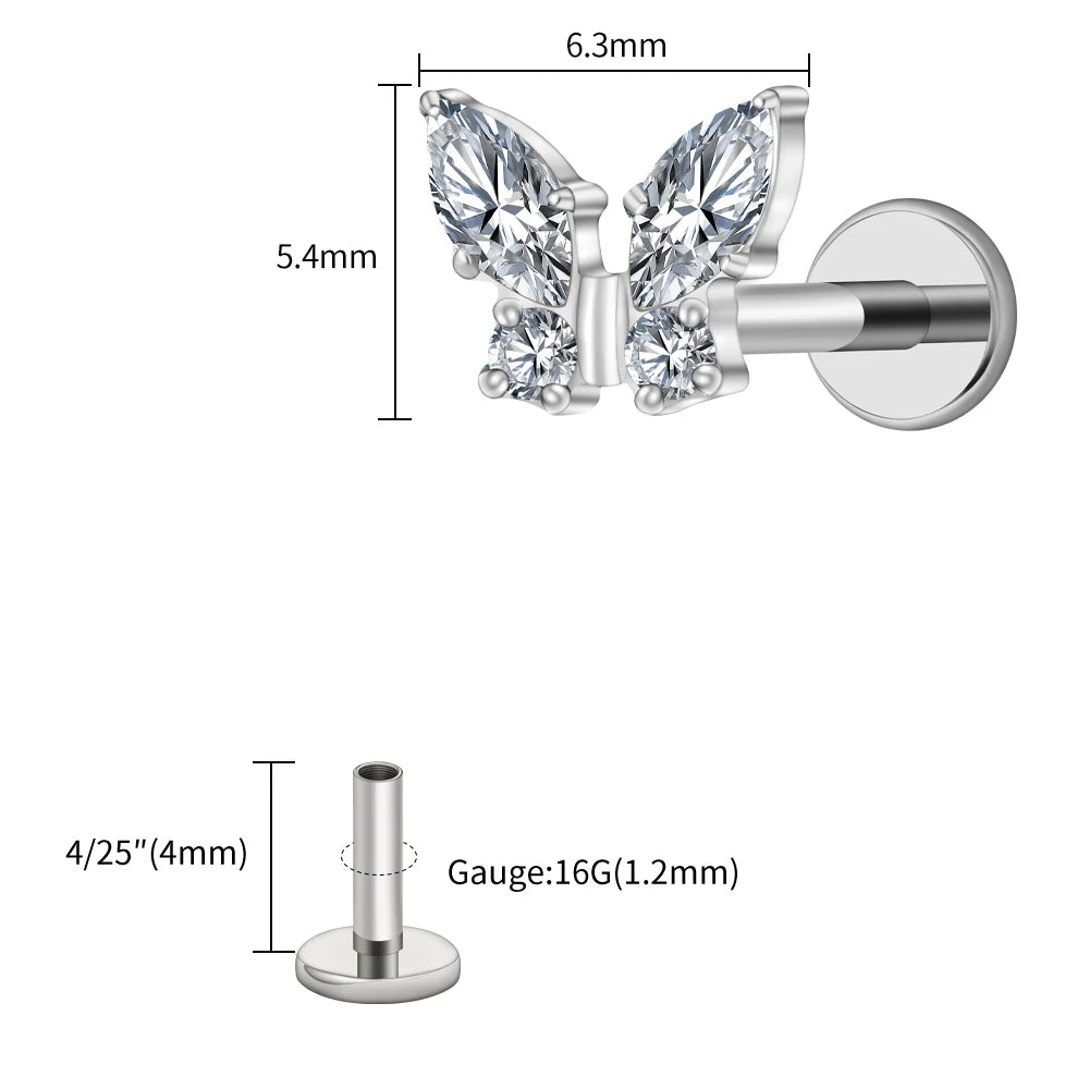 Right Grand ASTM F136 Titanium 16G Mini Butterfly CZ Labret Tragus Cartilage Conch Forward Helix Stud Nose Piercing Body Jewelry Pi-Mart
