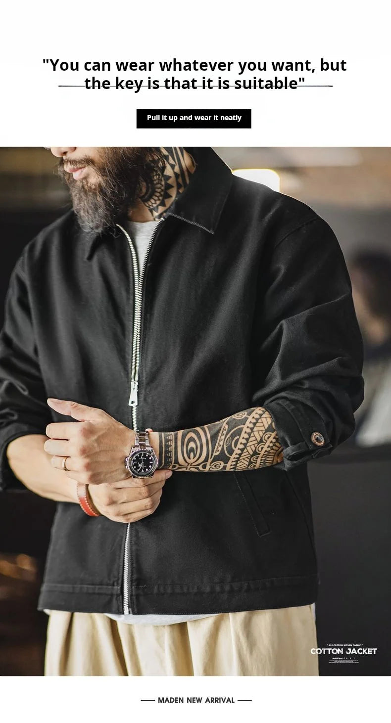 Maden Men's Vintage Ike Jacket Heavyweight Black Cotton Zip-Up Coat Lapel Collar Casual Outdoor Mountain Jacket for Spring Fall Pi-Mart