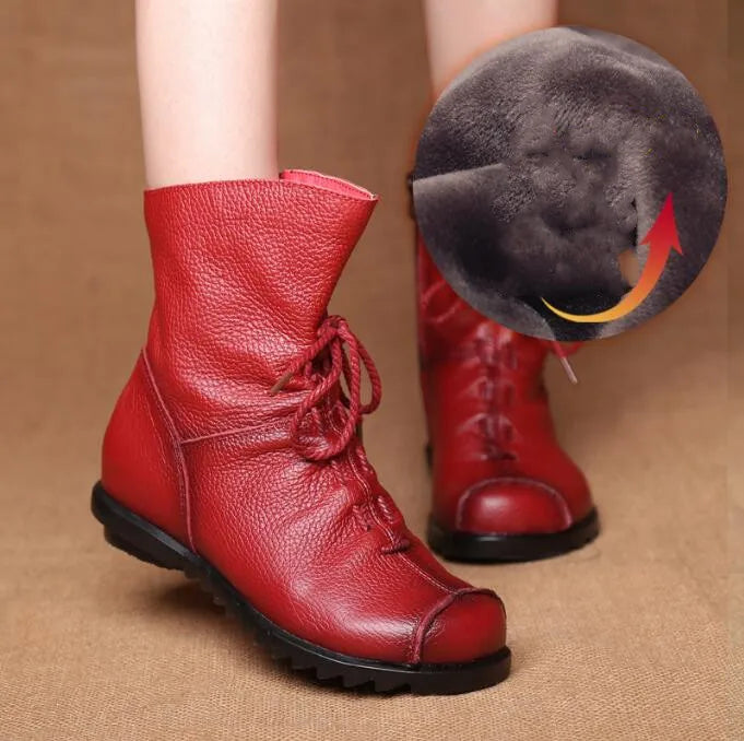 Genuine Leather Plush women's short Boots Retro Casual Autumn Winter Women Boots Waterproof warm Snow boots Plus Size 42 Pi-Mart