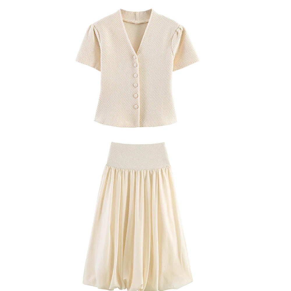Summer minimalist style V-neck slim fit structured knit short sleeved knitted jacket with suspender short top and half skirt LadyShow.Store