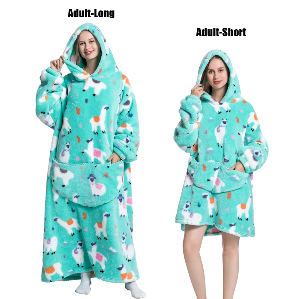 Women Plush Fleece Blanket Men Warm Thick Hoodies Adult Giant TV Blanlets with Sleeves Super Long Cold-proof Homewear Pajamas Pi-Mart