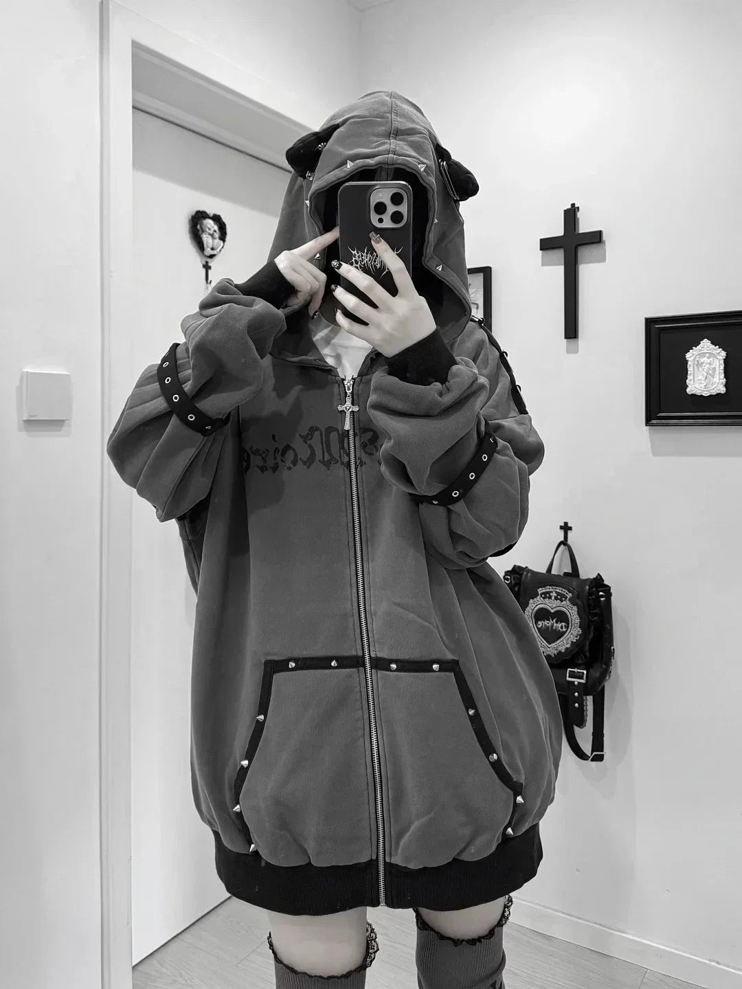 Streetwear Harajuku Hoodies Jackets Women's Clothing Hooded Punk Zipper Coat Japanese Rivet Print Vintage Casual Y2k Sweatshirts LadyShow.Store