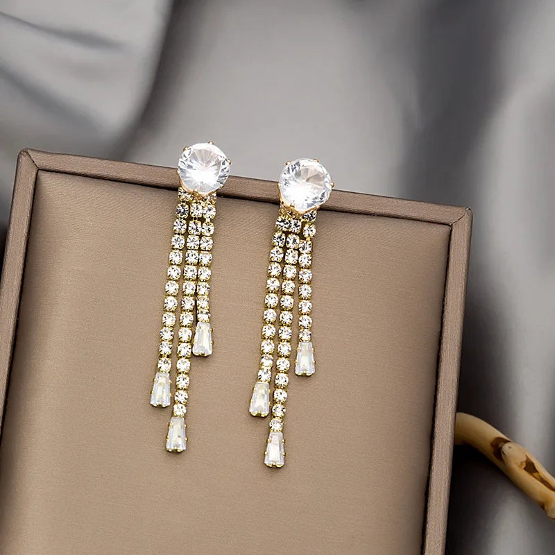Shiny Crystal Zircon Long Stud Earrings for Women Geometric Hanging Drop Tassel Earring Fashion Party Vintage Pendant Jewelry Pi-Mart