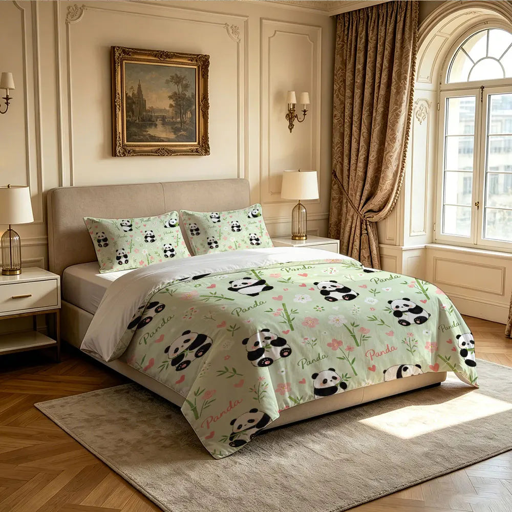 3pcs Cartoon Panda Print Coreless Duvet Cover Cool Summer Lightweight Bedding Set Multi Size Bedroom Bedding Decoration Pi-Mart