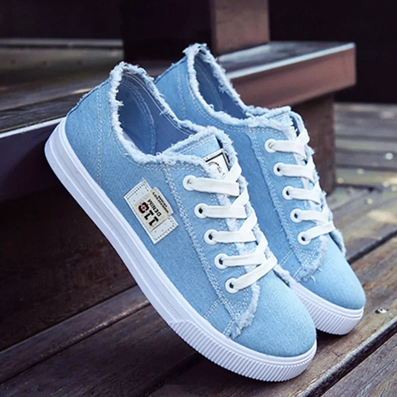 2024 Spring Summer Women Canvas Sneaker Low Top Denim Sneakers Ladies Lace-Up Flat Canvas Board Shoes Female Sapatos Femininos Pi-Mart